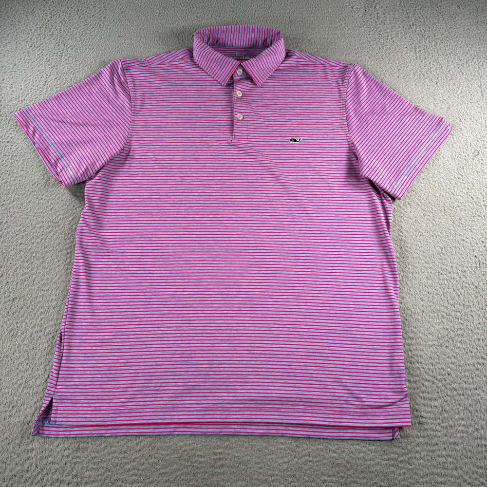 Vineyard Vines Performance Polo Mens Large Red Blue Striped Whale Logo